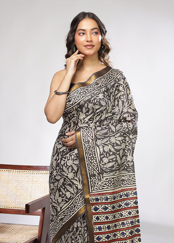 Black Chanderi Cotton Saree With Blouse Piece