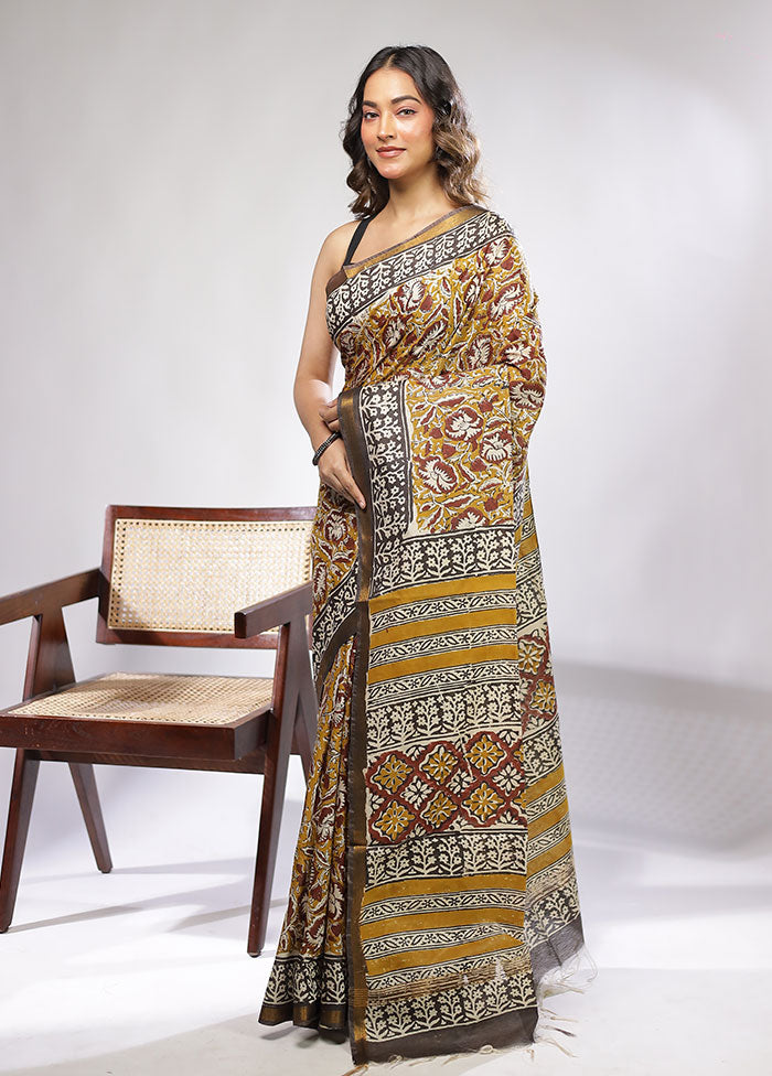 Green Chanderi Cotton Saree With Blouse Piece