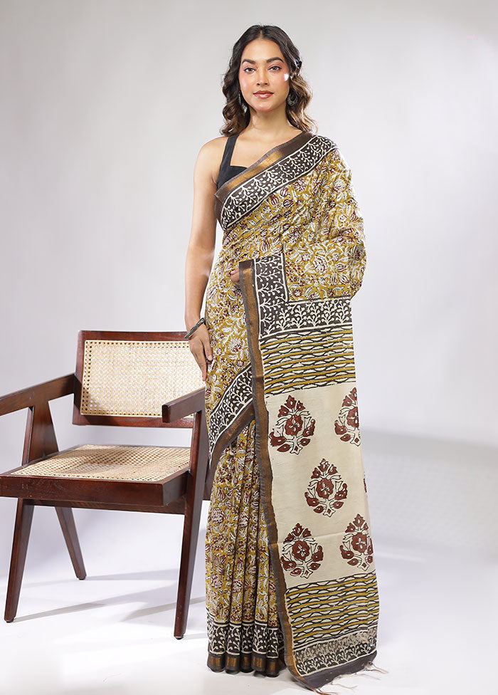 Green Chanderi Cotton Saree With Blouse Piece