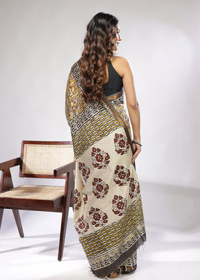 Green Chanderi Cotton Saree With Blouse Piece