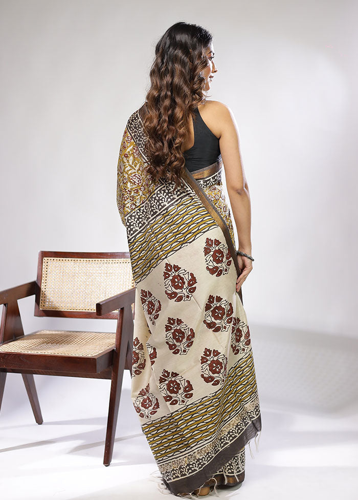 Green Chanderi Cotton Saree With Blouse Piece