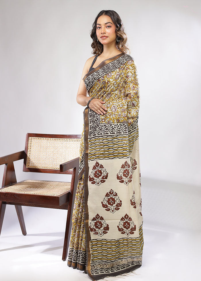 Green Chanderi Cotton Saree With Blouse Piece