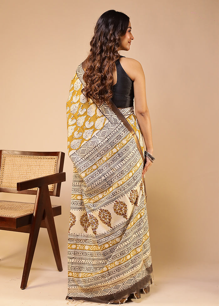 Green Chanderi Cotton Saree With Blouse Piece