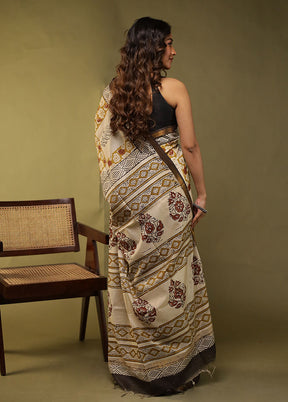 Cream Chanderi Cotton Saree With Blouse Piece