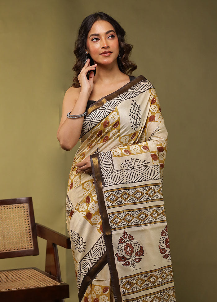Cream Chanderi Cotton Saree With Blouse Piece
