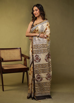 Cream Chanderi Cotton Saree With Blouse Piece