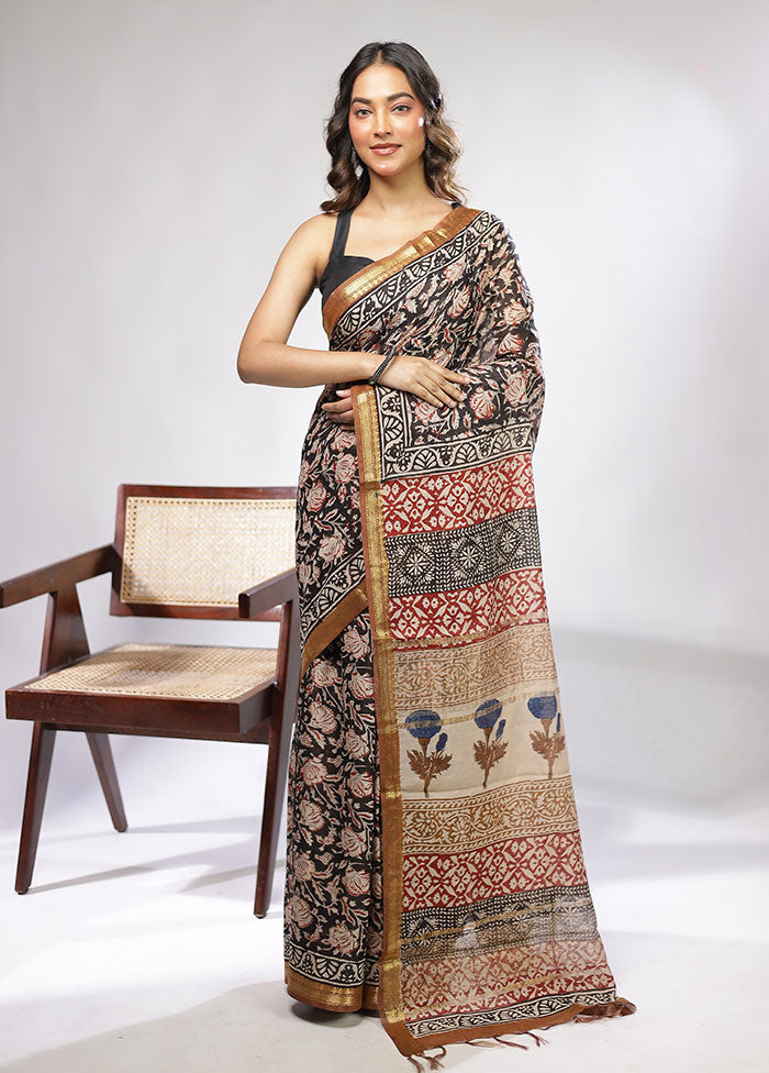 Black Chanderi Cotton Saree With Blouse Piece