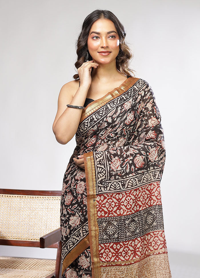 Black Chanderi Cotton Saree With Blouse Piece