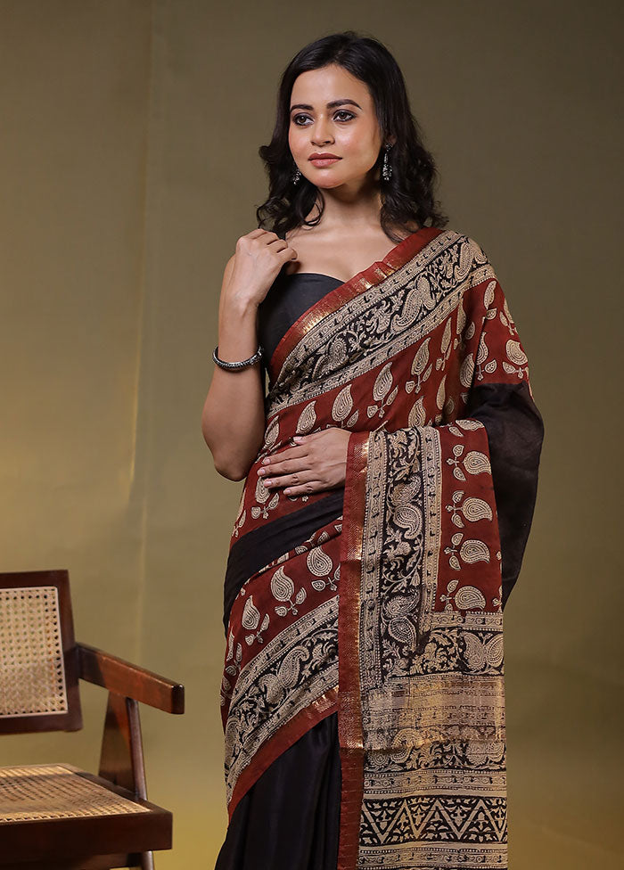 Black Chanderi Cotton Saree With Blouse Piece