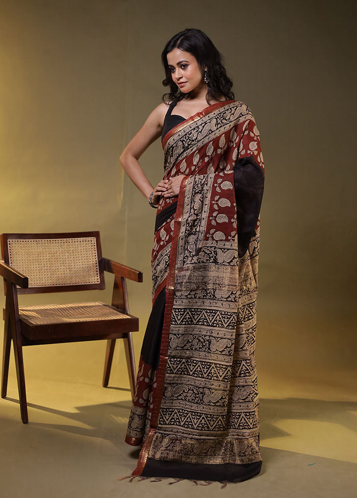 Black Chanderi Cotton Saree With Blouse Piece