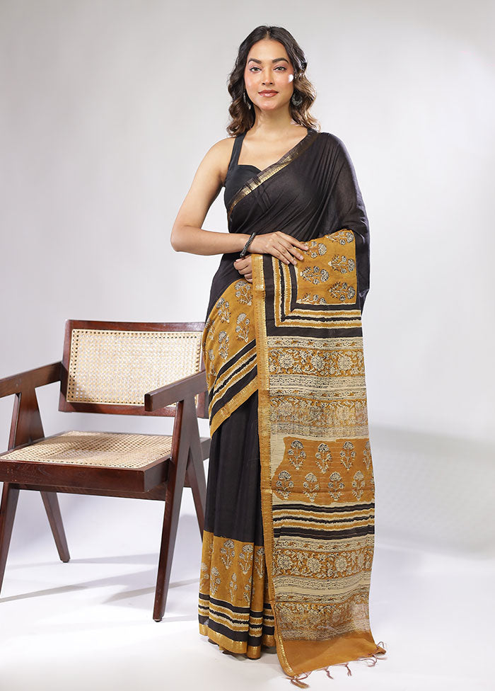 Black Chanderi Cotton Saree With Blouse Piece