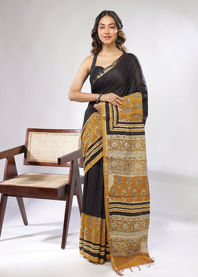 Black Chanderi Cotton Saree With Blouse Piece