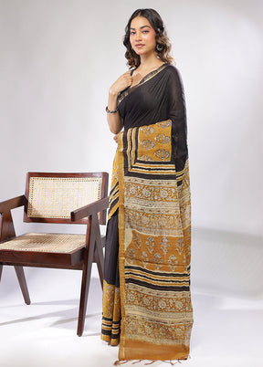 Black Chanderi Cotton Saree With Blouse Piece