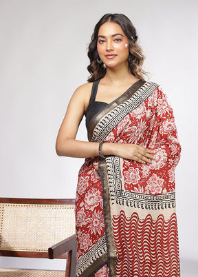Maroon Chanderi Cotton Saree With Blouse Piece
