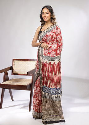 Maroon Chanderi Cotton Saree With Blouse Piece