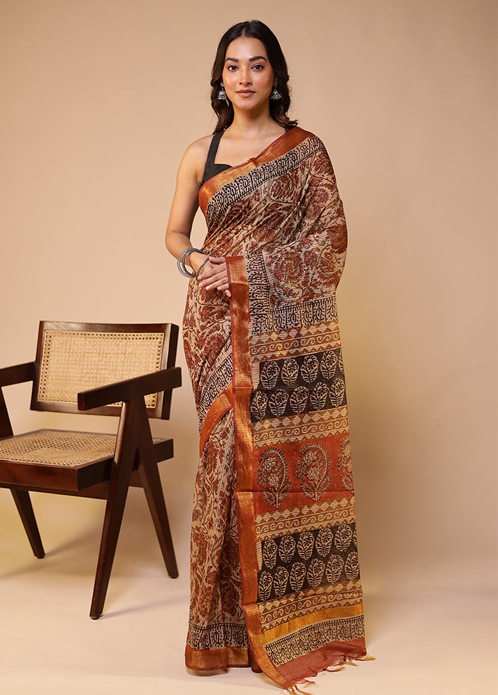 Cream Chanderi Cotton Saree With Blouse Piece