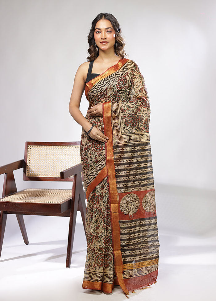 Cream Chanderi Cotton Saree With Blouse Piece