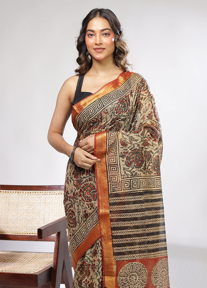 Cream Chanderi Cotton Saree With Blouse Piece