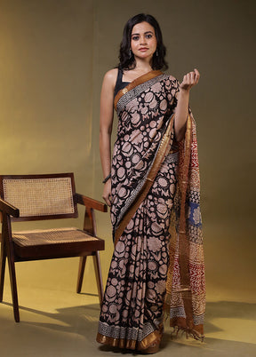 Black Chanderi Cotton Saree With Blouse Piece