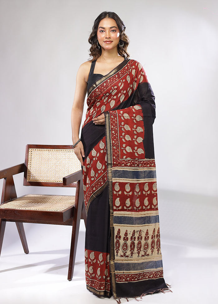 Black Chanderi Cotton Saree With Blouse Piece