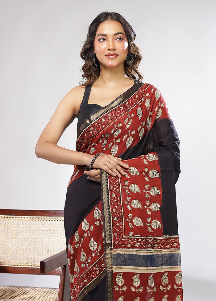 Black Chanderi Cotton Saree With Blouse Piece