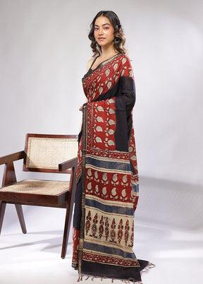 Black Chanderi Cotton Saree With Blouse Piece