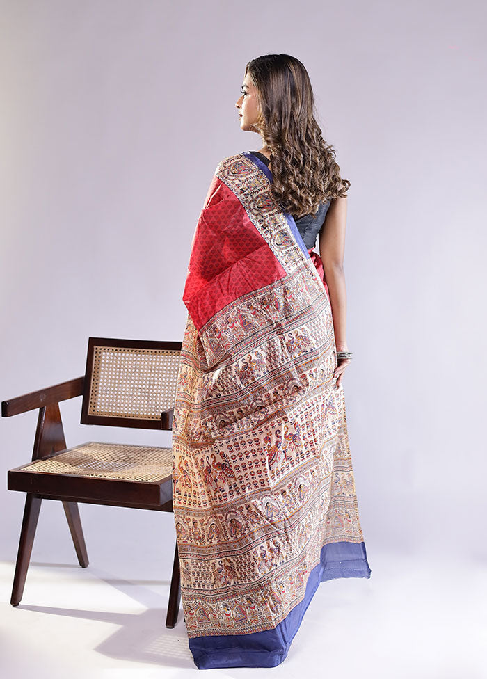 Red Printed Pure Silk Saree Without Blouse Piece