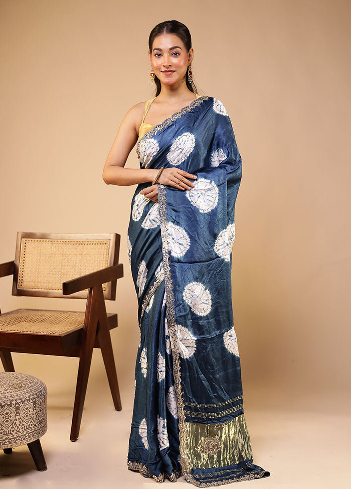 Blue Printed Pure Silk Saree With Blouse Piece