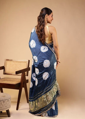 Blue Printed Pure Silk Saree With Blouse Piece