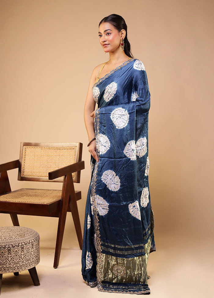 Blue Printed Pure Silk Saree With Blouse Piece