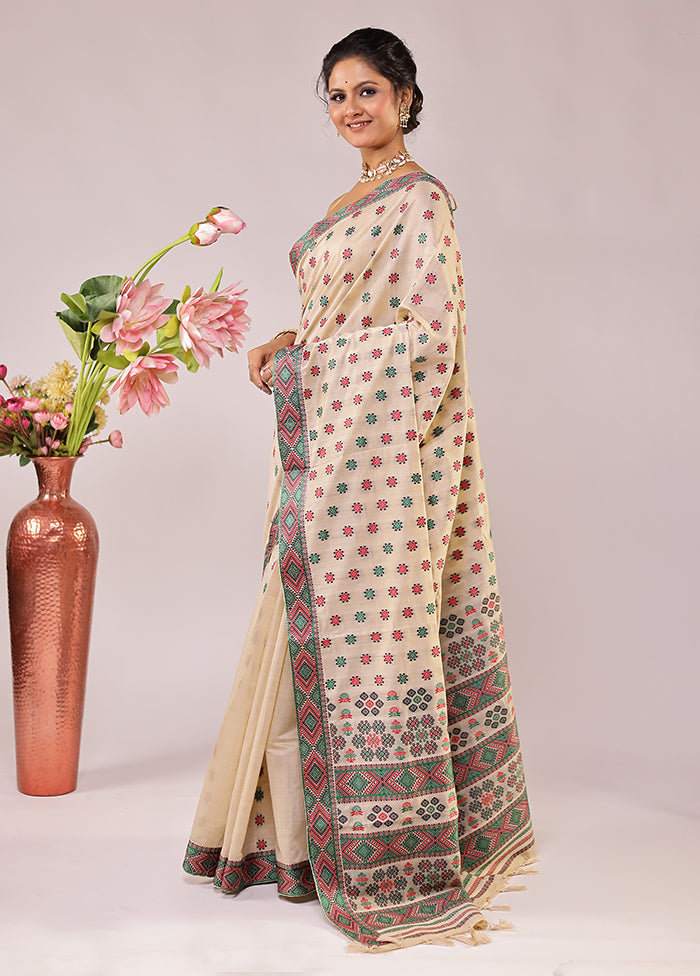 Cream Assam Silk Saree With Blouse Piece