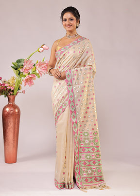 Cream Assam Silk Saree With Blouse Piece