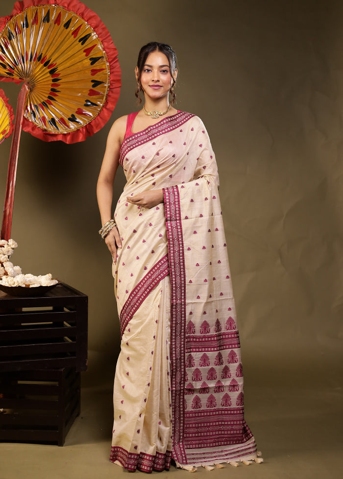 Cream Assam Silk Saree With Blouse Piece