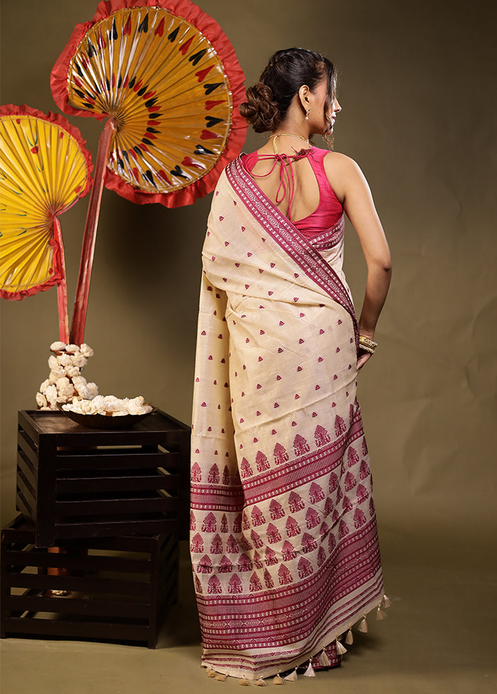 Cream Assam Silk Saree With Blouse Piece