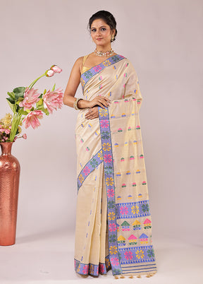 Cream Assam Silk Saree With Blouse Piece
