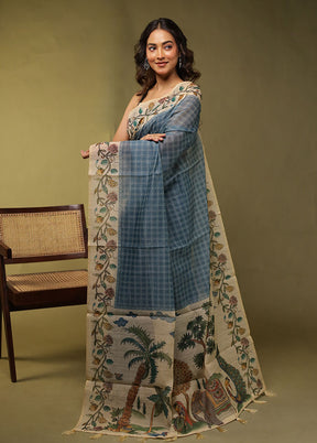 Blue Cotton Saree With Blouse Piece