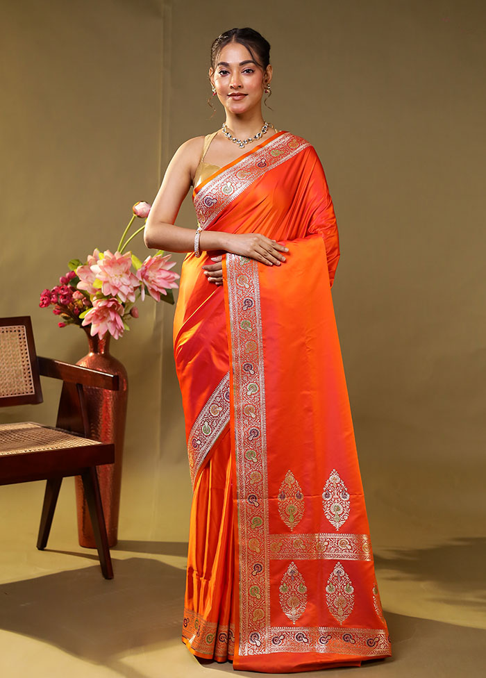 Orange Handloom Banarasi Pure Silk Saree With Blouse Piece