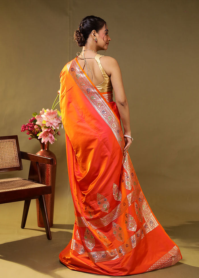 Orange Handloom Banarasi Pure Silk Saree With Blouse Piece