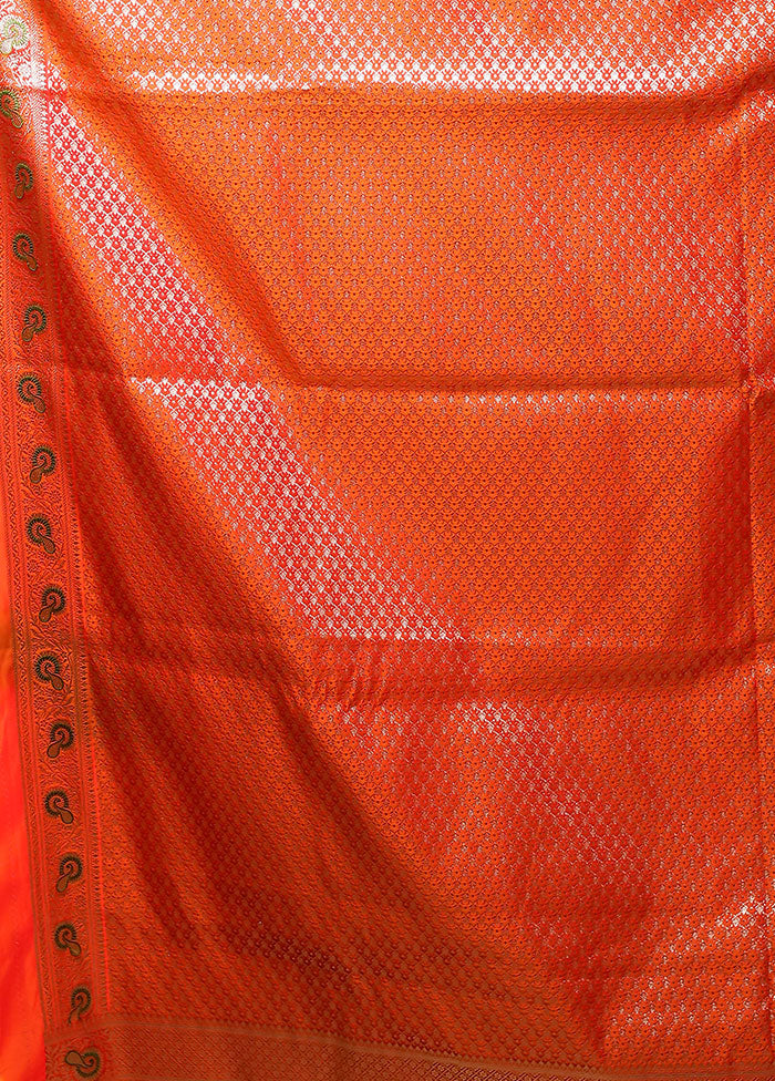 Orange Handloom Banarasi Pure Silk Saree With Blouse Piece