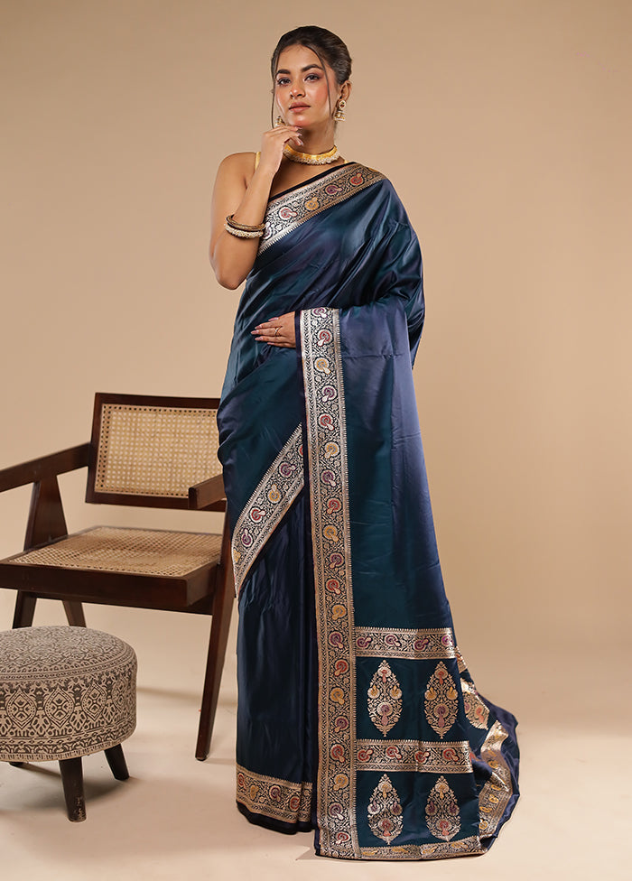 Blue Handloom Banarasi Pure Silk Saree With Blouse Piece