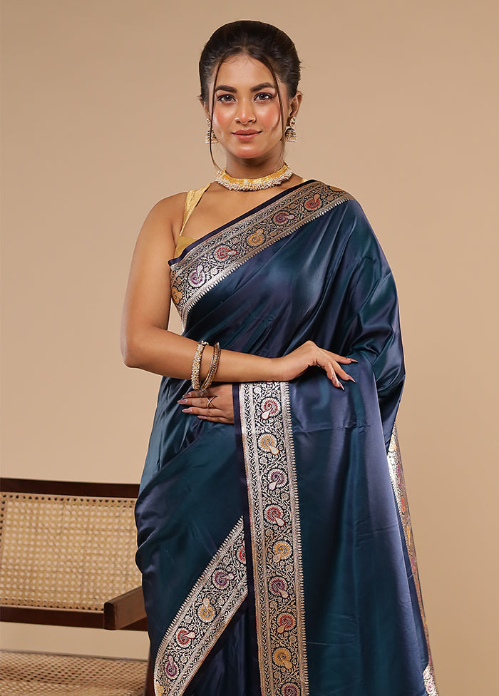 Blue Handloom Banarasi Pure Silk Saree With Blouse Piece