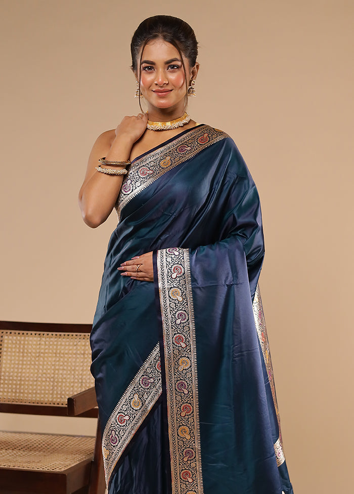 Blue Handloom Banarasi Pure Silk Saree With Blouse Piece