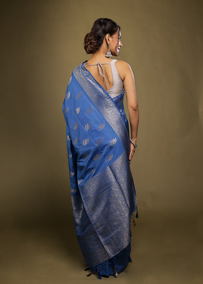 Blue Dupion Silk Saree With Blouse Piece