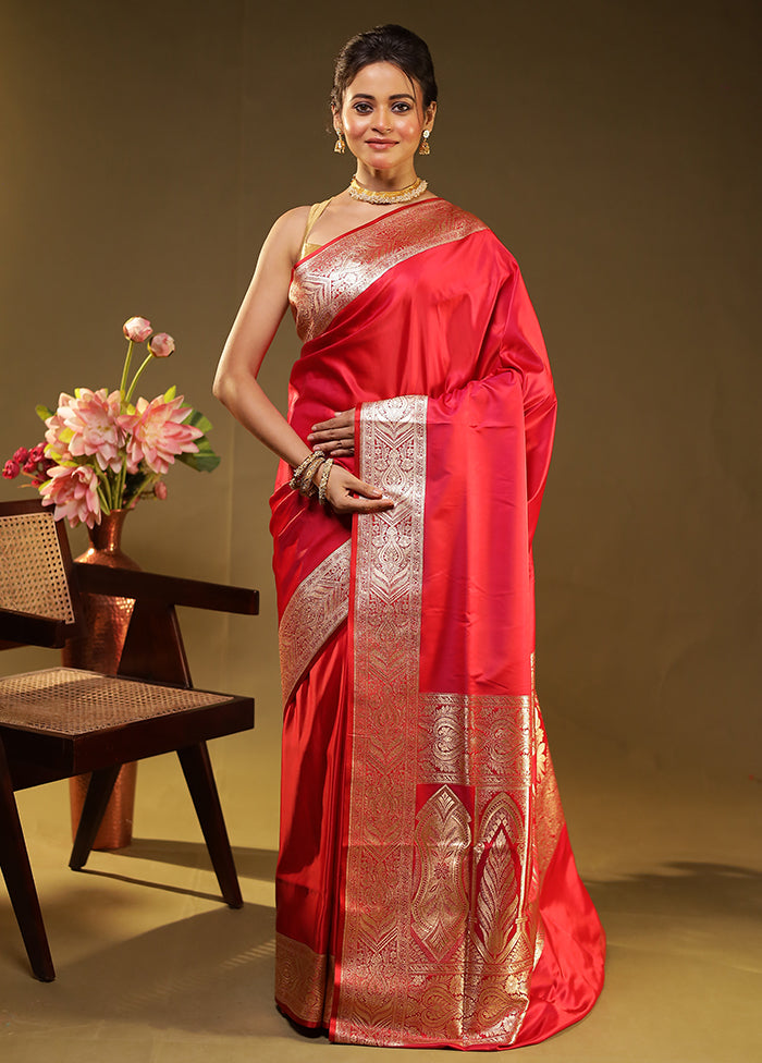 Red Banarasi Silk Saree With Blouse Piece