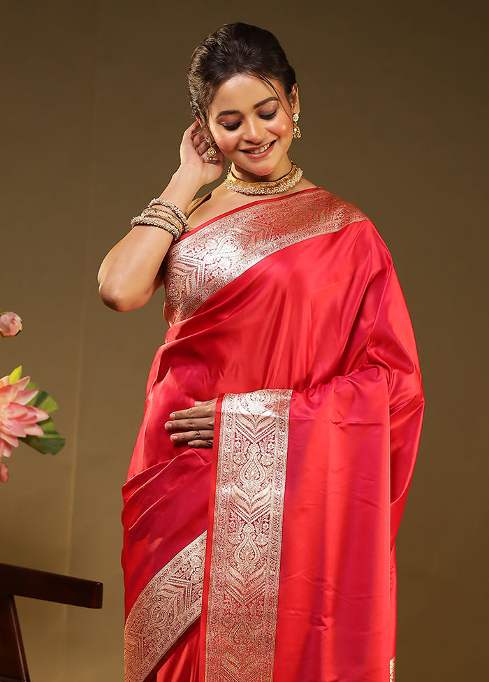 Red Banarasi Silk Saree With Blouse Piece
