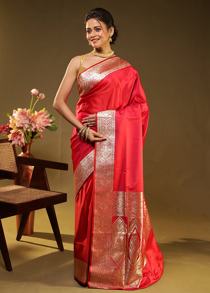 Red Banarasi Silk Saree With Blouse Piece