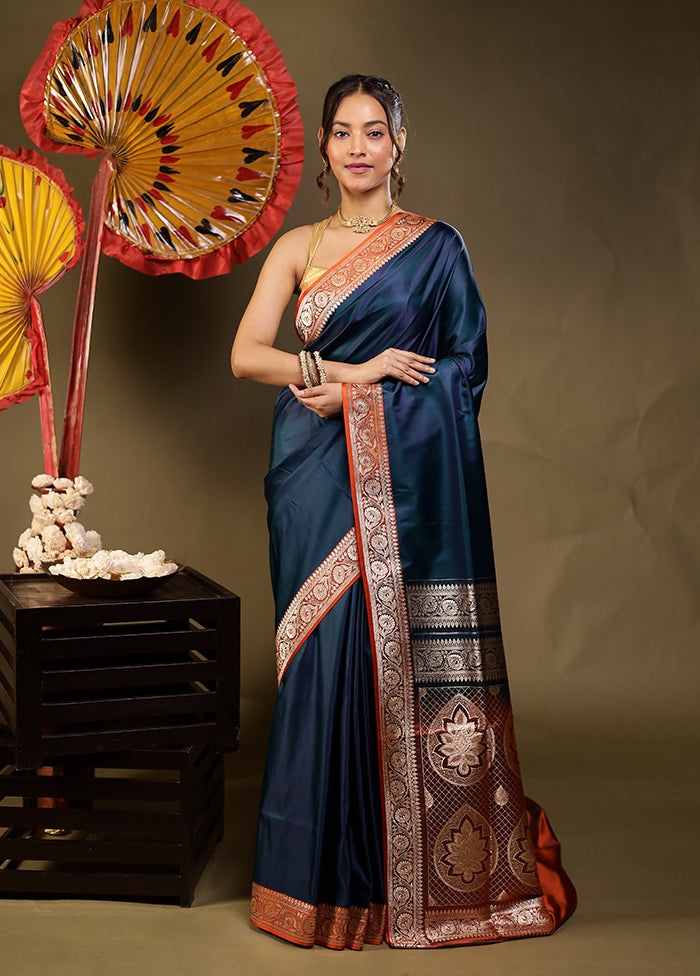 Blue Banarasi Silk Saree With Blouse Piece