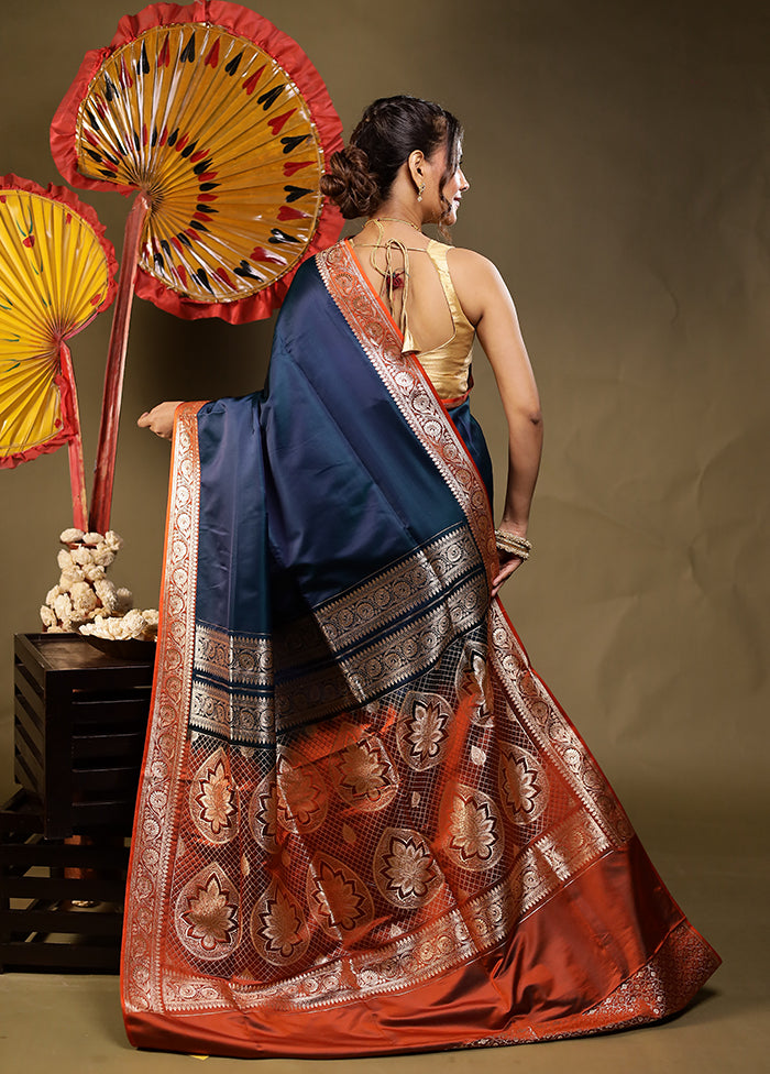 Blue Banarasi Silk Saree With Blouse Piece