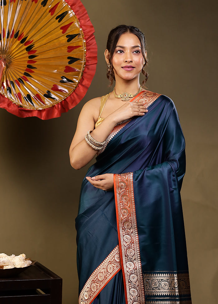 Blue Banarasi Silk Saree With Blouse Piece
