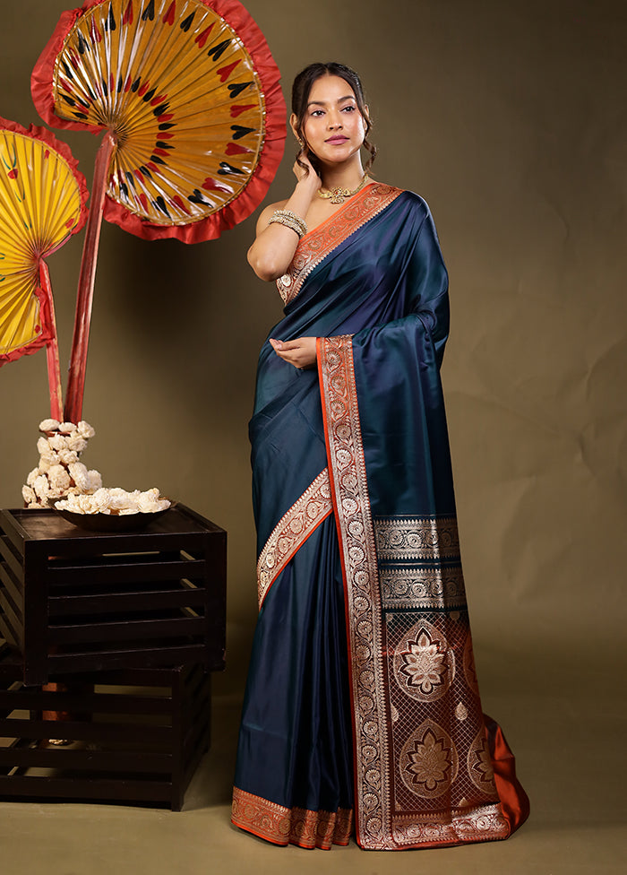 Blue Banarasi Silk Saree With Blouse Piece